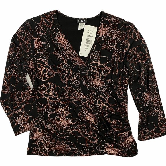 MSK Black Rose Gold Glitter Floral Wrap Top L - Picture 8 of 13